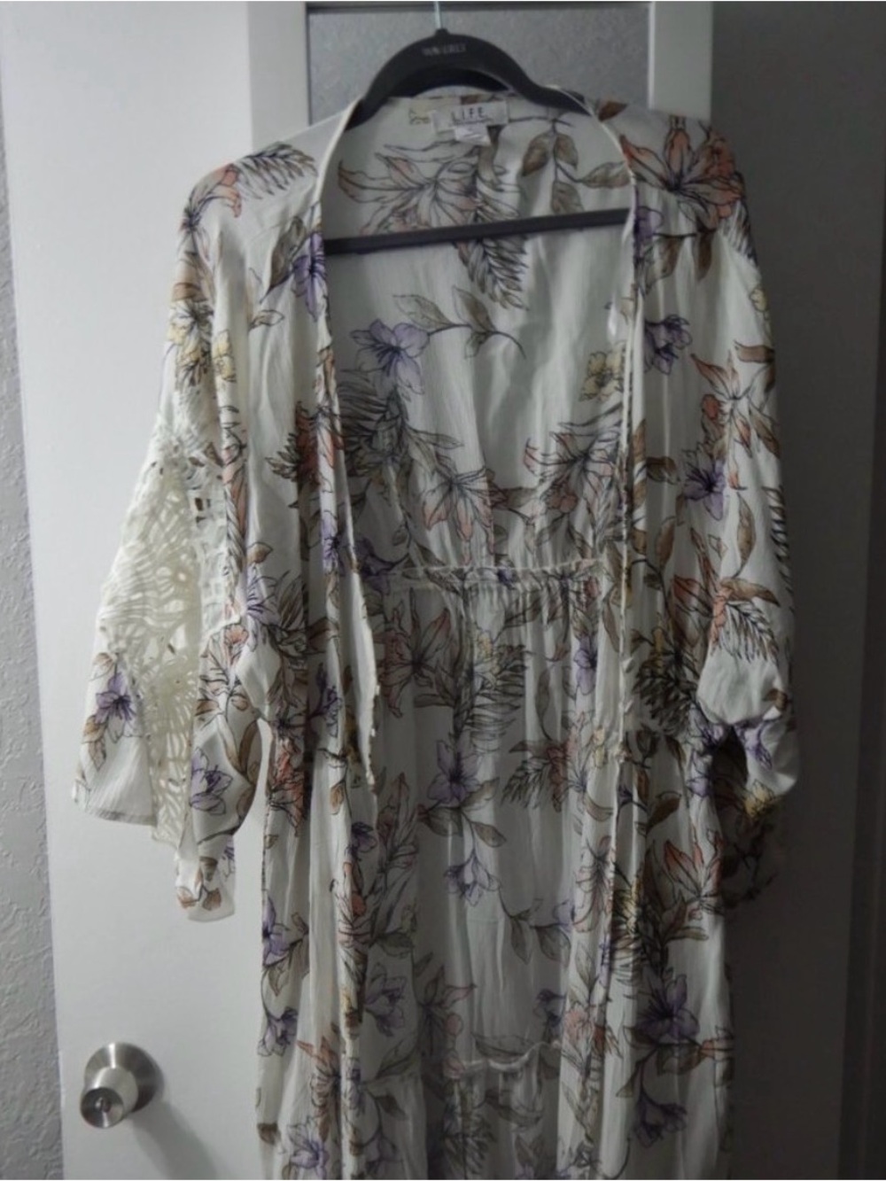 🌿 Floral Crochet Sleeve Kimono Duster in Ivory - XL